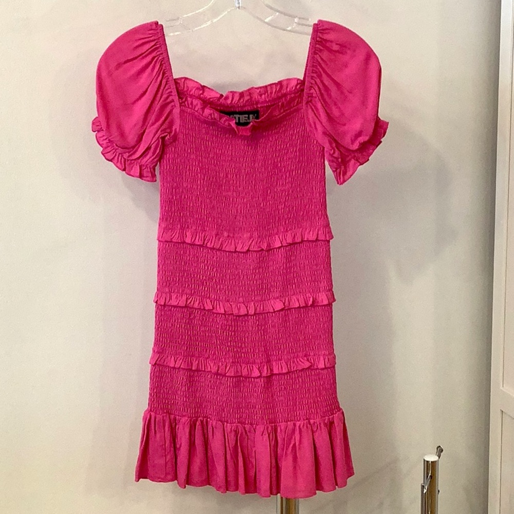 Katie J NYC Hot Pink Smocked Puff Sleeve Dress